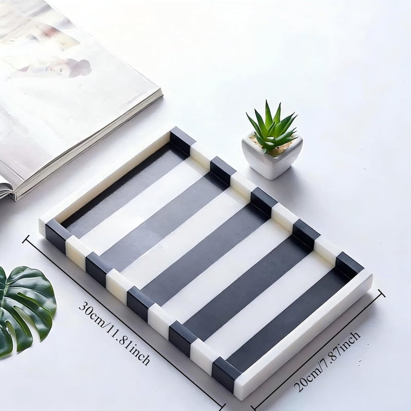 Artisanal Abode Striped Natural Marble Tray, Black White Geometric Rectangular Tray, Vanity Organizer for Jewelry, Makeup, Bath Essentials, Modern Home Decor - Image 2